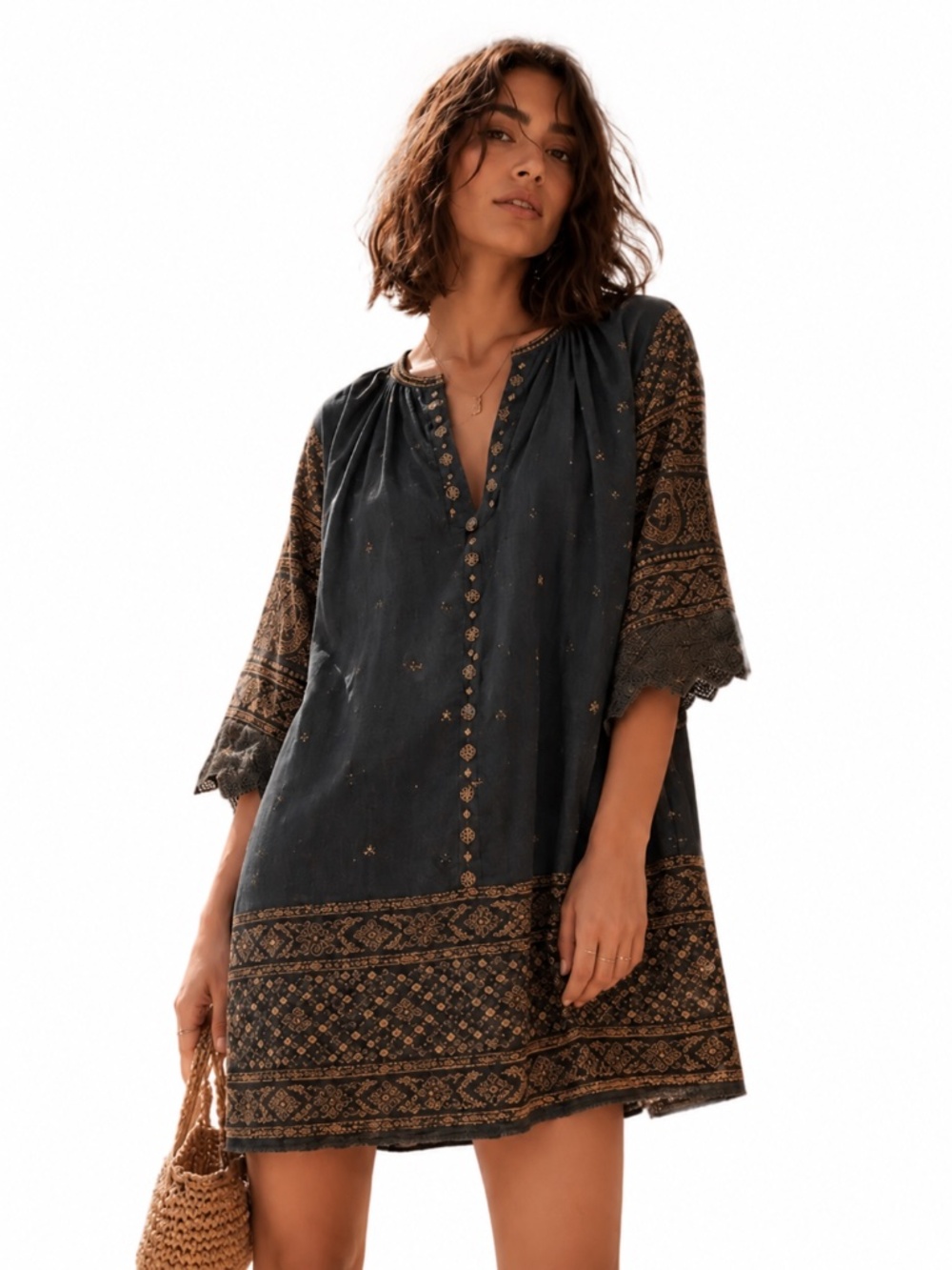 SPELL & THE GYPSY Collective Muwala Embroidered Tunic Dress - Gray and Gold